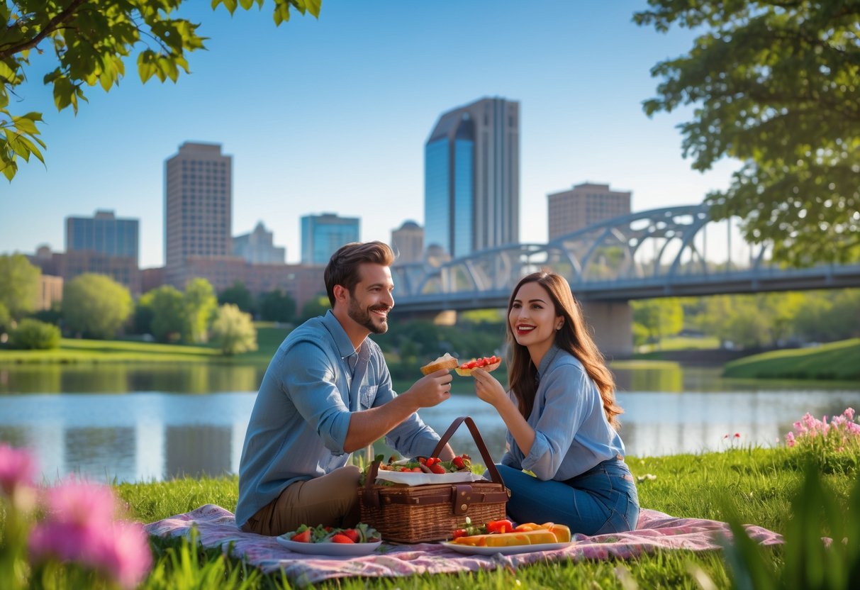 A young couple having a picnic near a lake with the Omaha skyline and pedestrian bridge in the background on a sunny day.