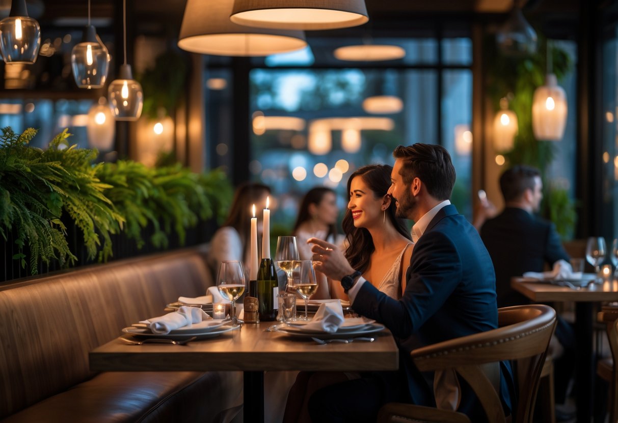 A couple enjoying a romantic dinner at a softly lit restaurant with wooden tables and candlelight.
