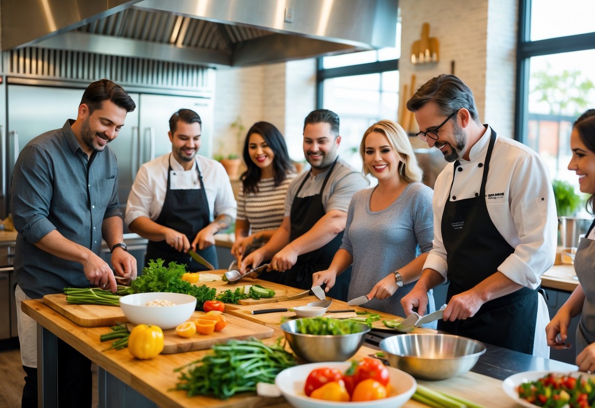 A group of adults cooking together in a bright kitchen studio, following a chef's instructions during a cooking class.