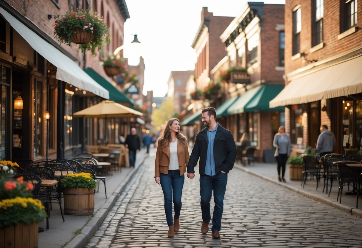 A couple walking hand-in-hand along cobblestone streets lined with brick buildings and outdoor cafes in the Old Market district of Omaha, Nebraska.