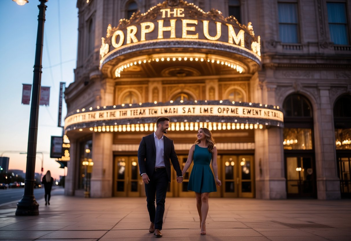 A couple holding hands and entering the Orpheum Theatre in Omaha at night, with the theatre's lit marquee visible.