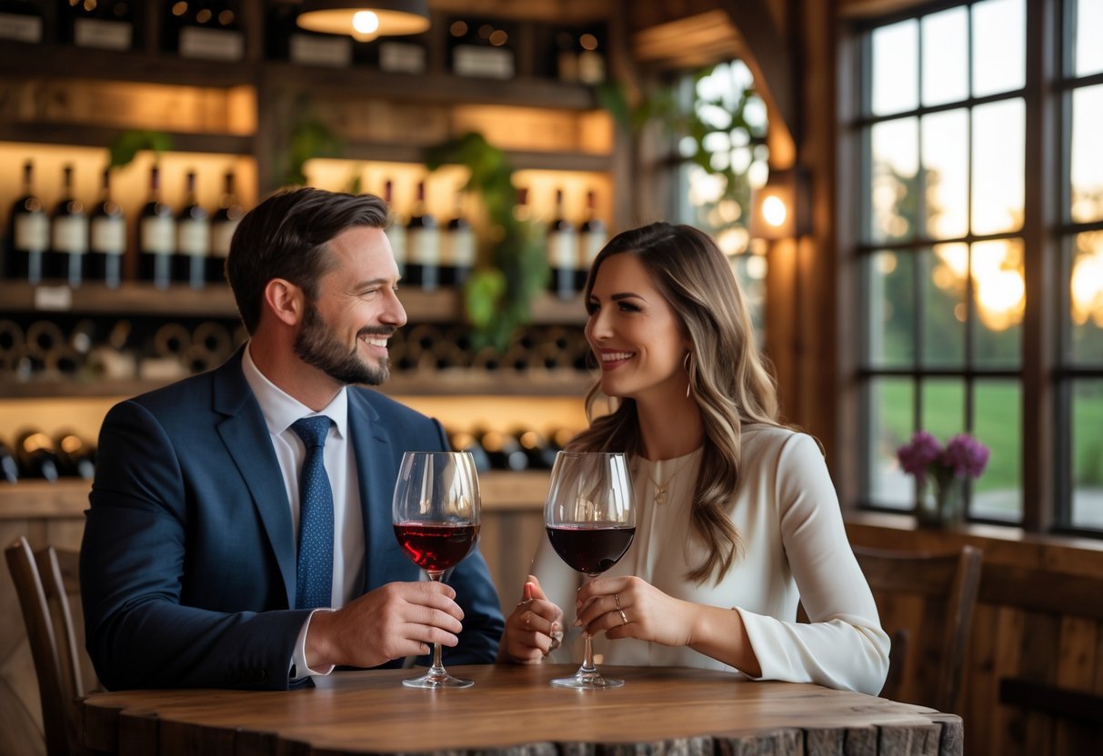 A couple enjoying a wine tasting together inside a cozy winery tasting room.