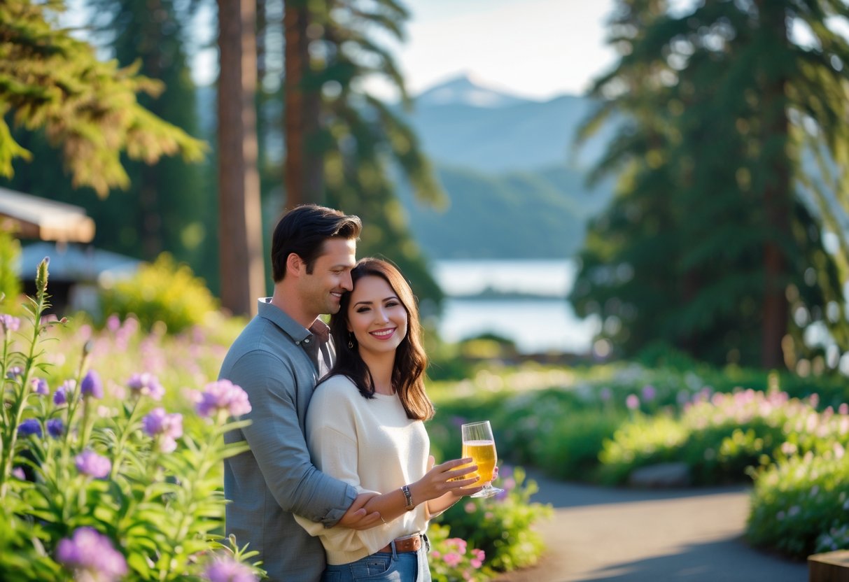 A couple enjoying a romantic outdoor date surrounded by trees, flowers, and water in Olympia, Washington.