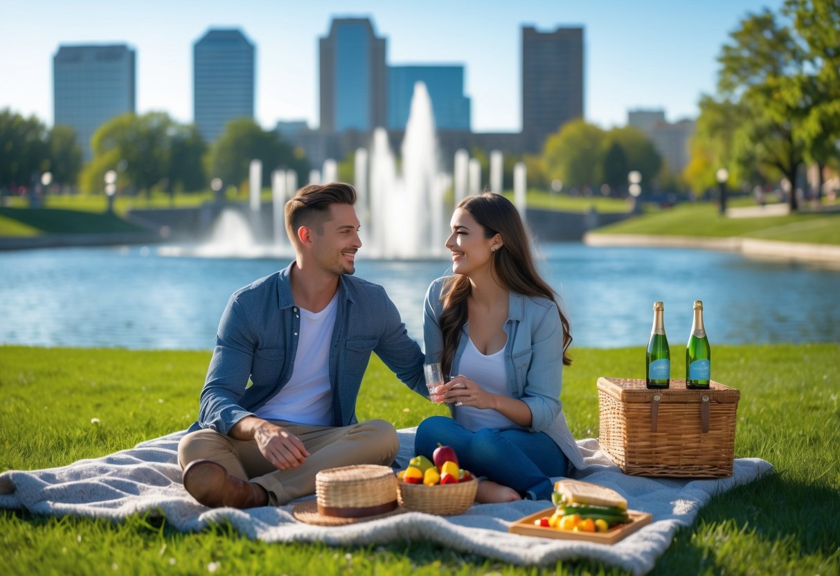 A couple enjoying a picnic on a blanket near a fountain and lake in a city park with trees and buildings in the background.