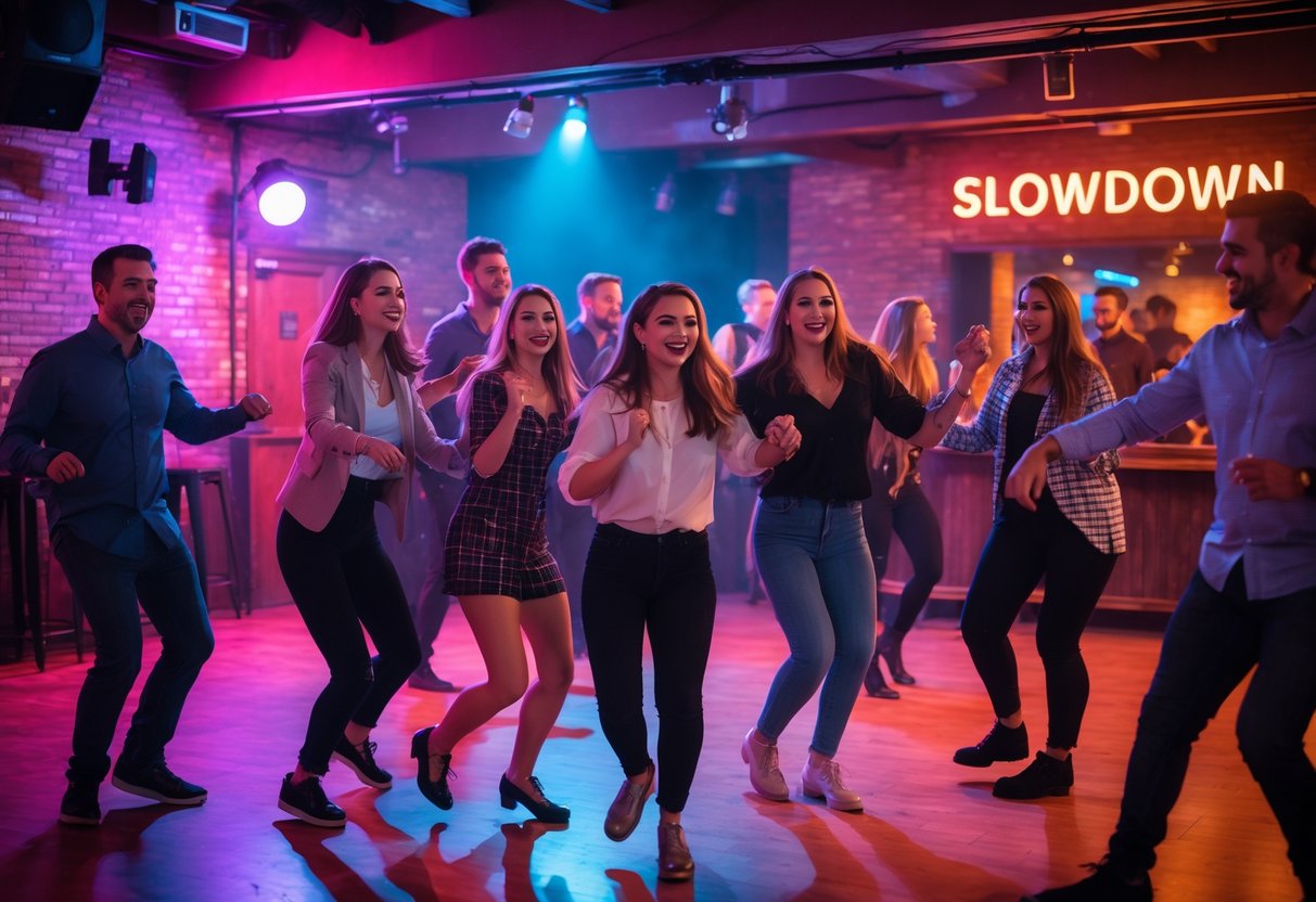 Couples and friends dancing and enjoying a lively night inside a music venue with colorful lights and a live band on stage.