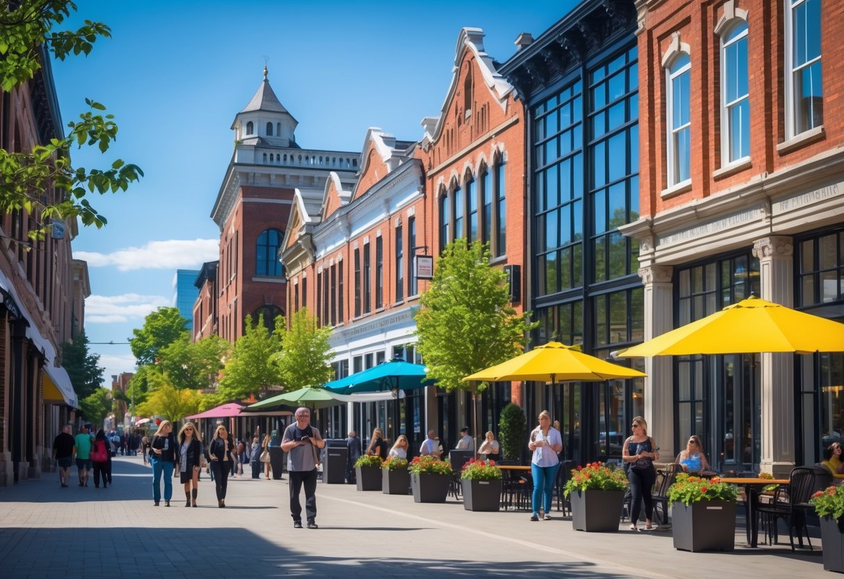 People walking along a street in Peterborough with a mix of historic and modern buildings under a clear sky.
