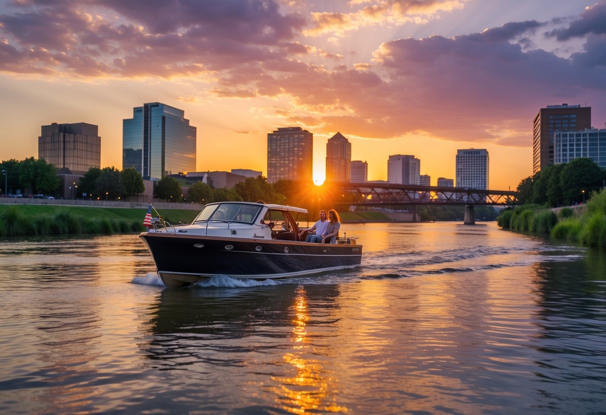 A couple enjoying a sunset cruise on a boat on the Missouri River with the Omaha skyline in the background.