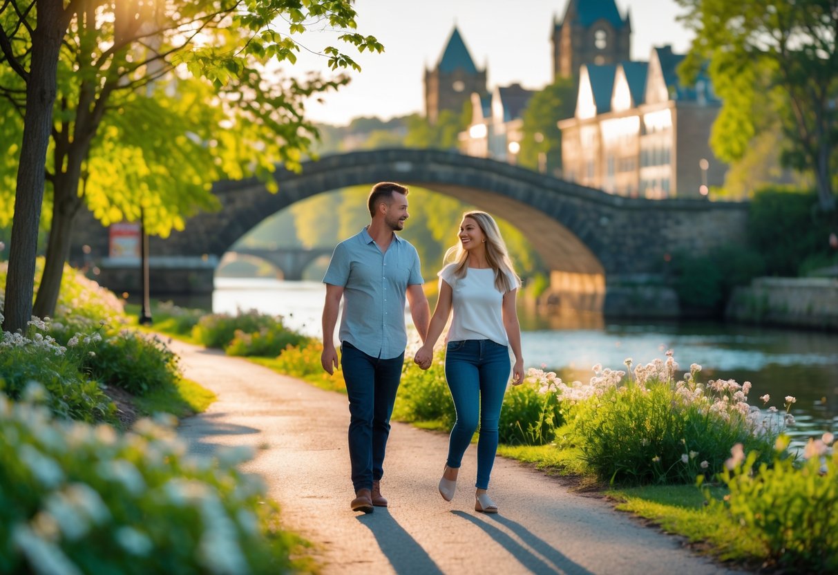 A couple walking hand-in-hand along a riverside path with a stone bridge and city buildings in the background.