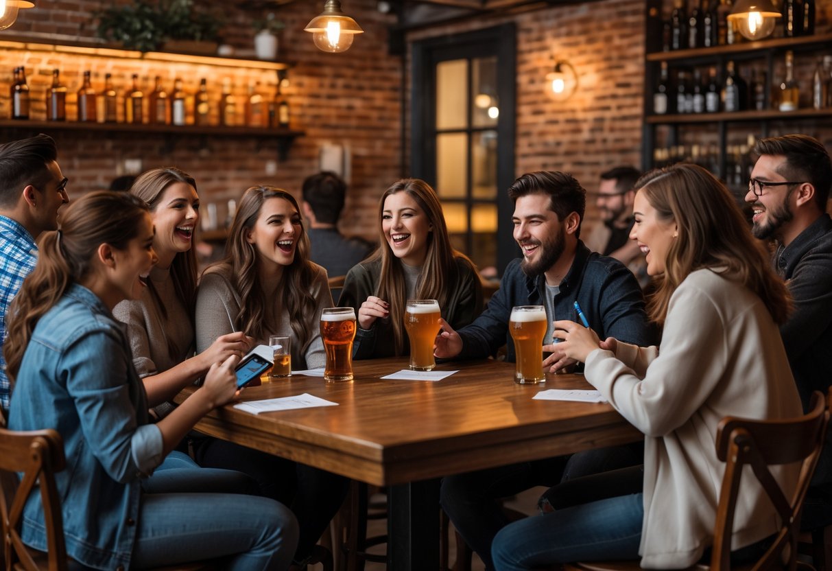 People enjoying trivia night at a cozy bar, sitting at tables with drinks and talking.