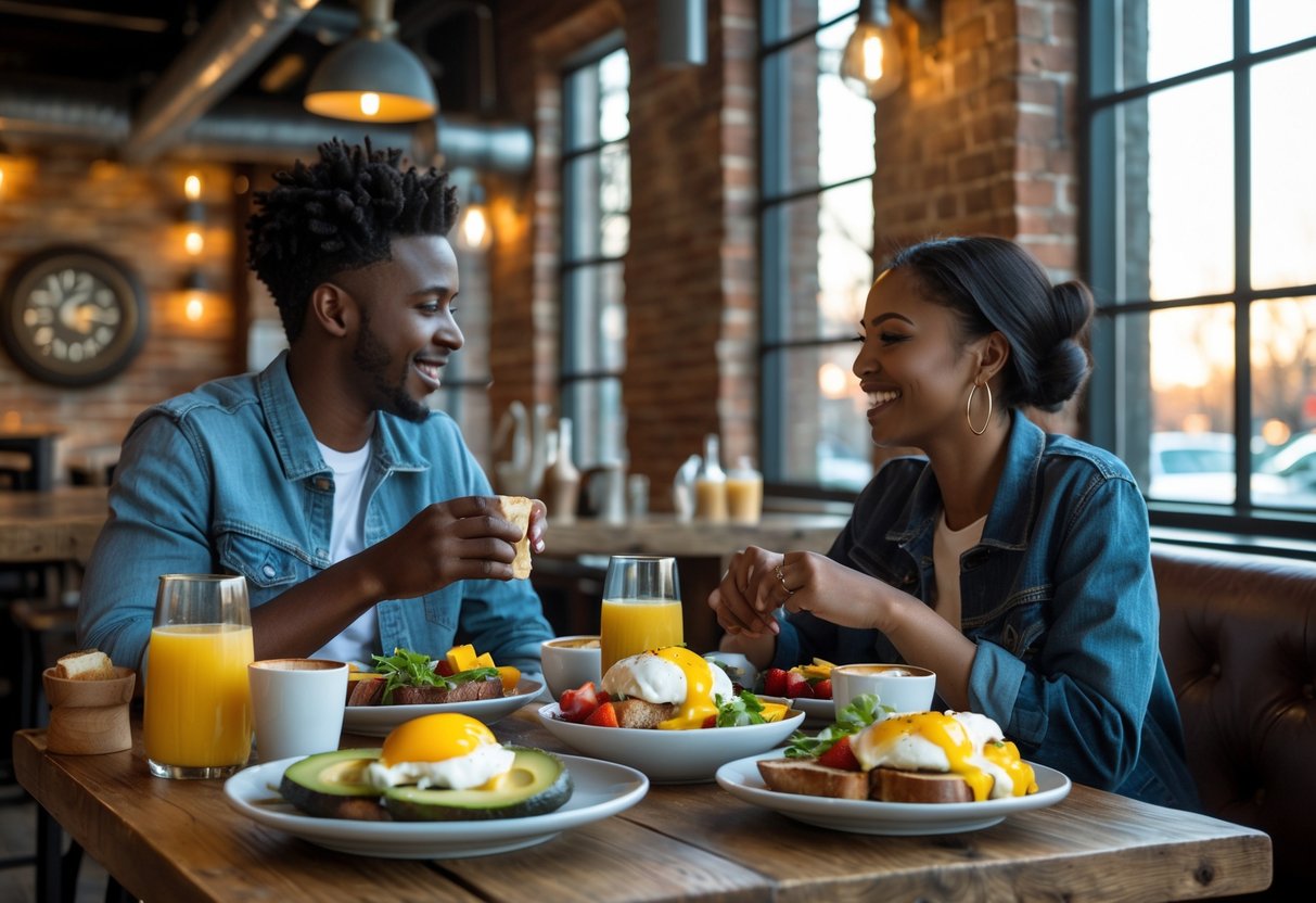 A young couple enjoying brunch together at a cozy restaurant with exposed brick walls and warm lighting.