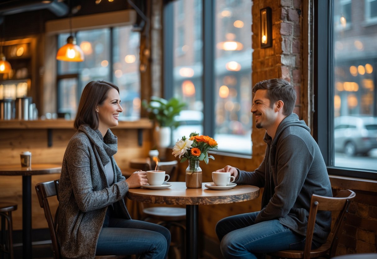 A young couple enjoying coffee together at a small table inside a cozy coffee shop.