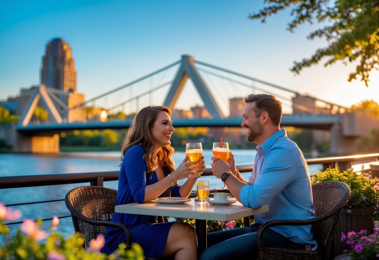 A couple enjoying a date outdoors near a river with a pedestrian bridge in the background during sunset.