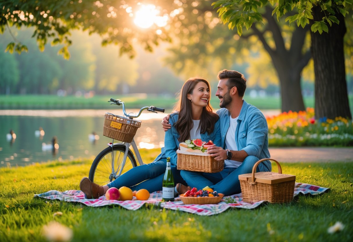 A young couple sitting on a picnic blanket in a park, sharing food and smiling near a lake.