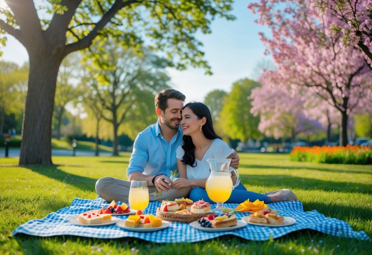A couple enjoying a picnic with homemade food on a blanket in a green park surrounded by trees and flowers.
