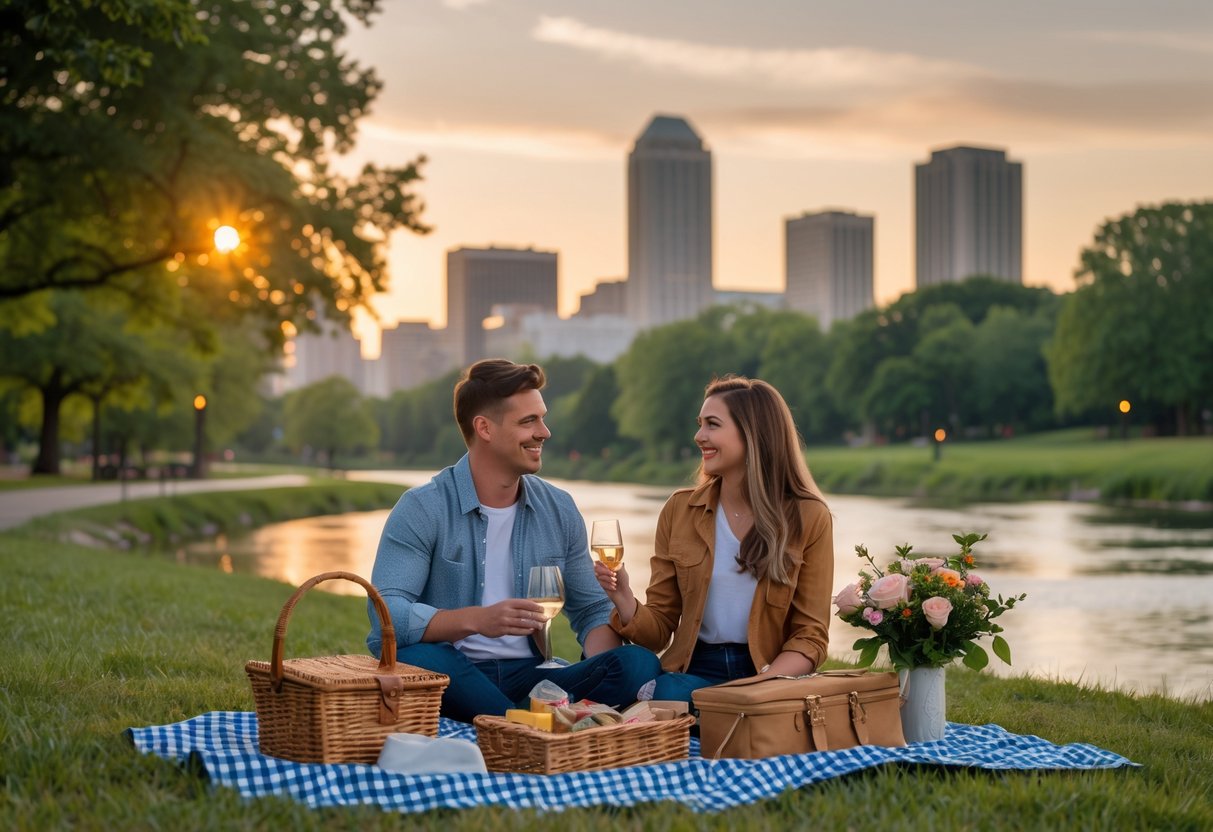 A young couple enjoying a picnic together outdoors with a city skyline and trees in the background during sunset.