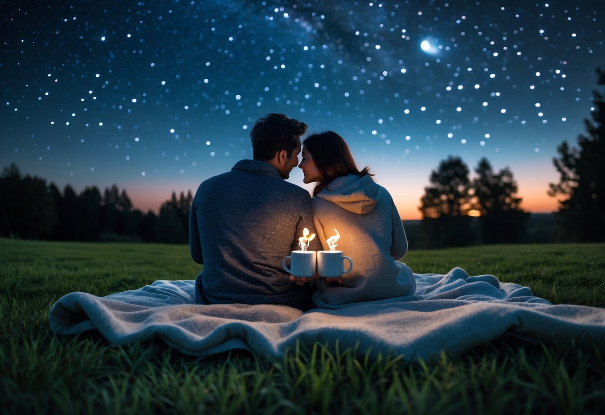 A couple sitting on a blanket outdoors at night, looking up at the stars with two hot drinks between them.