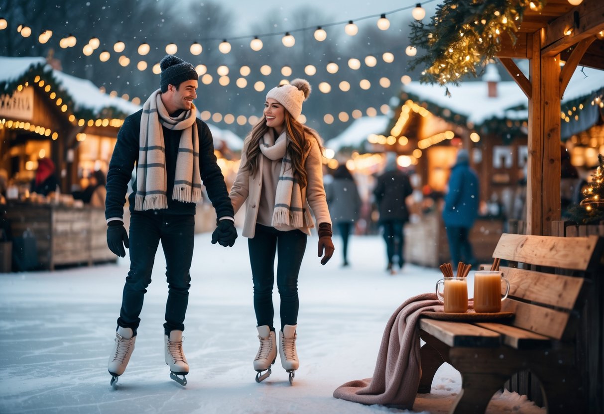 A couple ice skating outdoors in winter, holding hands and later enjoying warm mugs of cider together near a festive market.