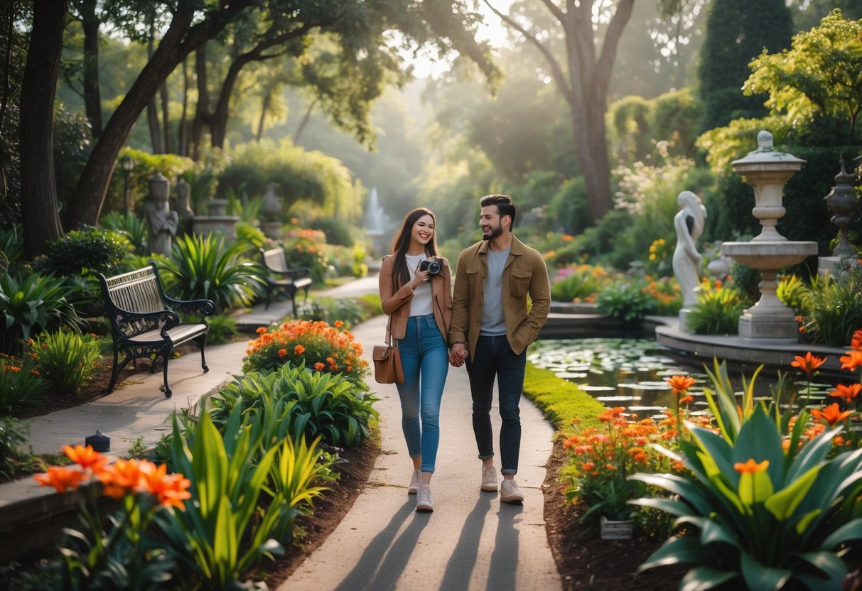 A young couple walking hand in hand along a garden path surrounded by blooming flowers and greenery in a botanical garden.