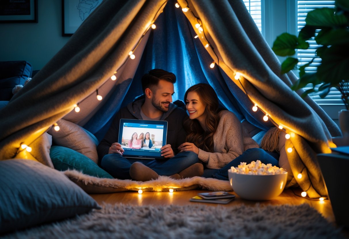 A couple sitting inside a blanket fort watching a movie on a laptop in a cozy living room.