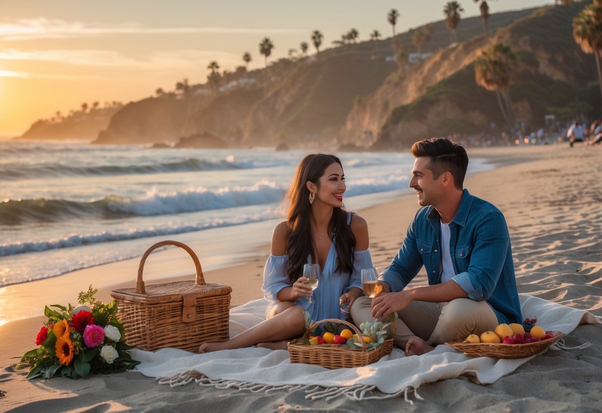 A young couple having a picnic on a sandy beach at sunset with palm trees and cliffs in the background.