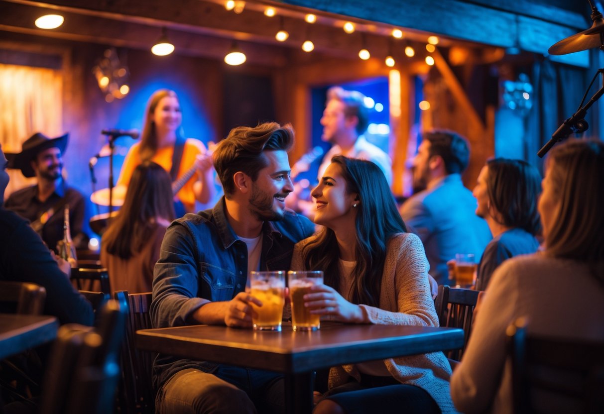 A young couple enjoying a live music performance together in a cozy indoor venue.