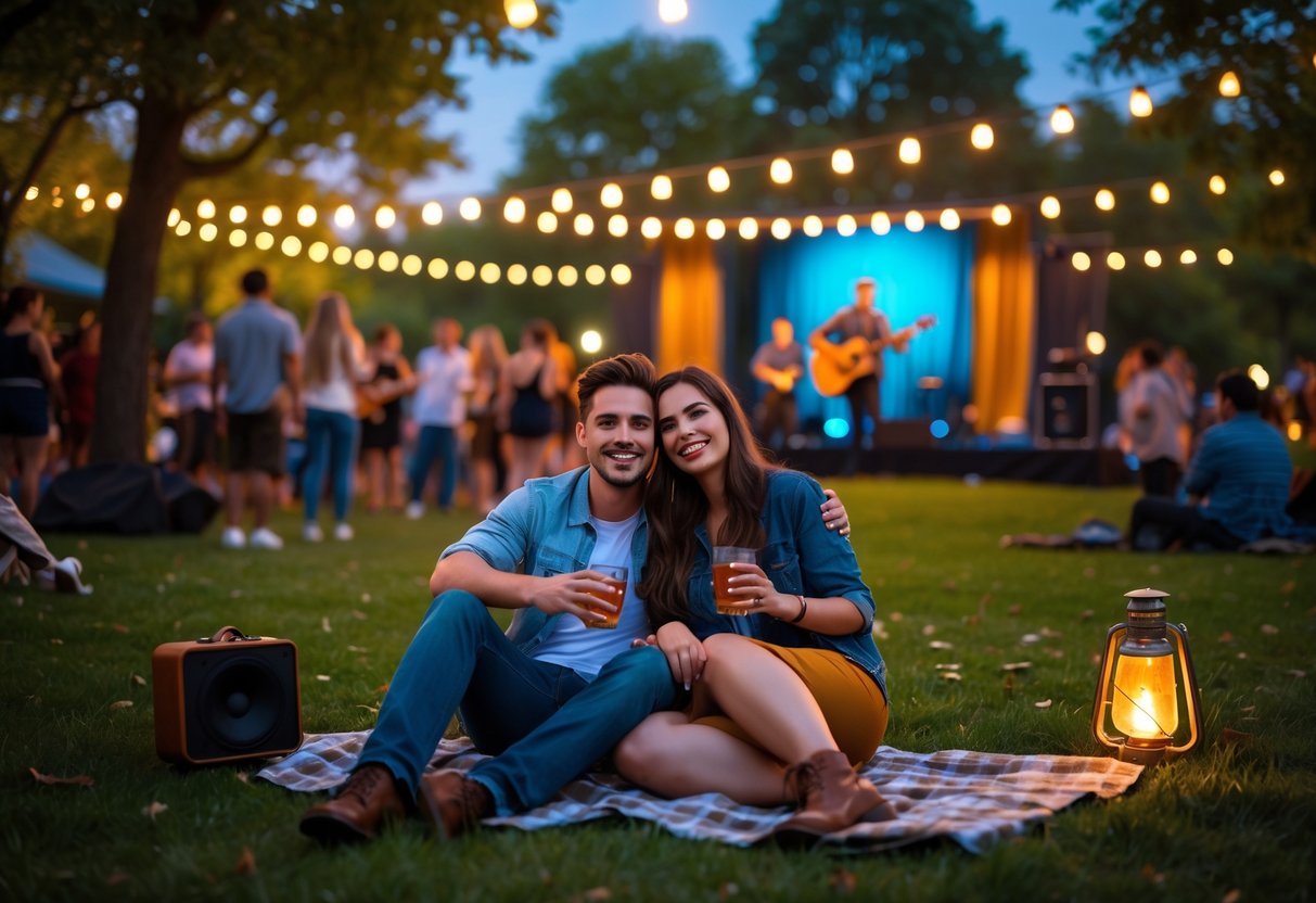 A young couple sitting on a picnic blanket enjoying a live outdoor music performance in the evening.