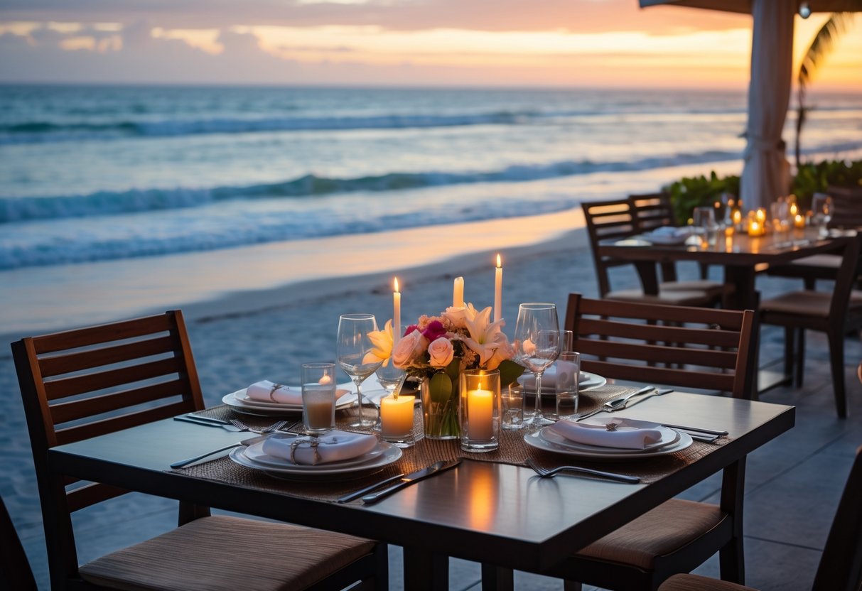 A dinner table set for two at a beachfront restaurant with an ocean view and sunset in the background.