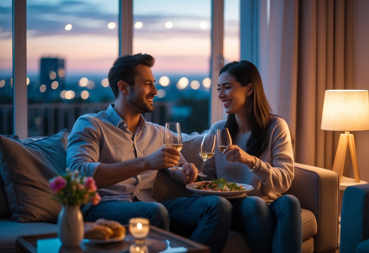 A couple sitting together on a sofa, sharing a meal and enjoying a cozy evening at home.