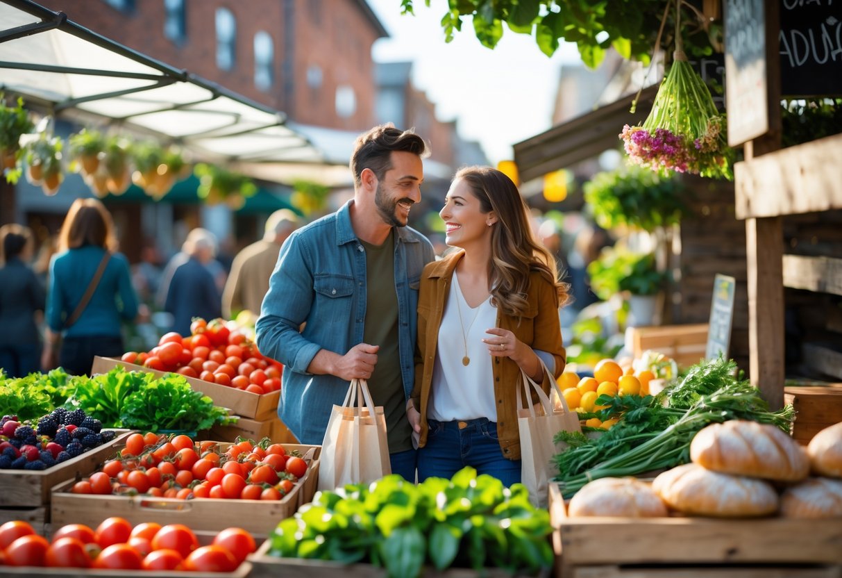 A couple selecting fresh vegetables and fruits at a busy farmer's market during the day.
