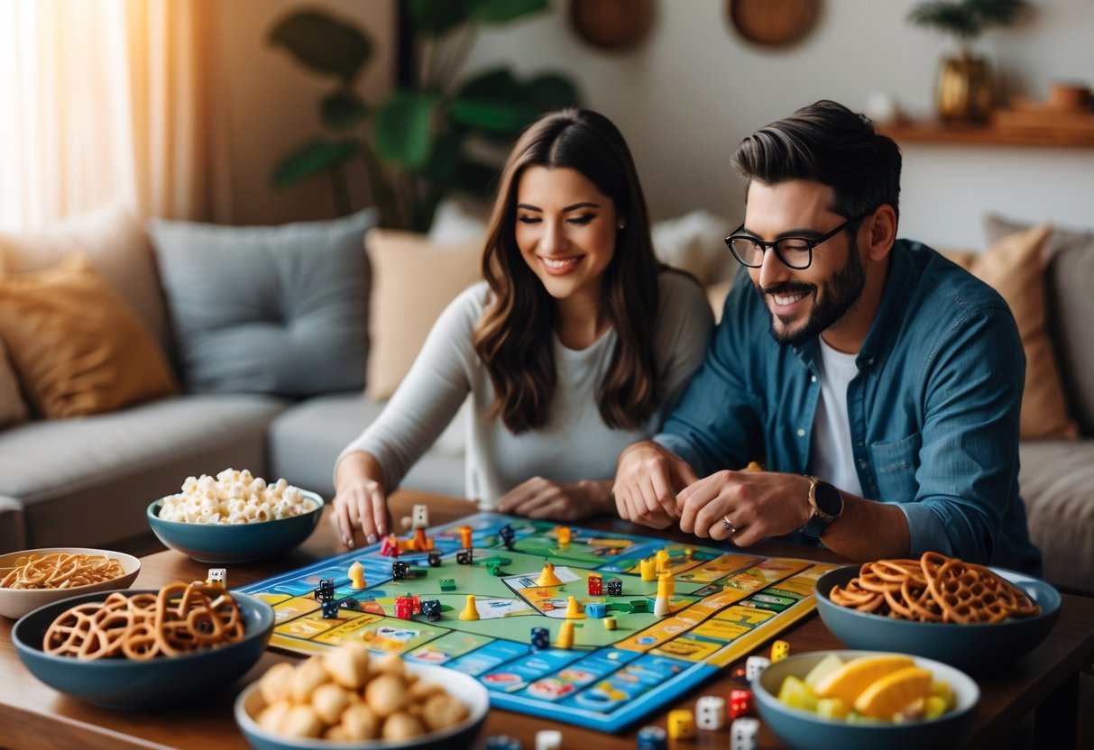 A couple sitting at a table playing board games surrounded by bowls of snacks in a cozy indoor setting.