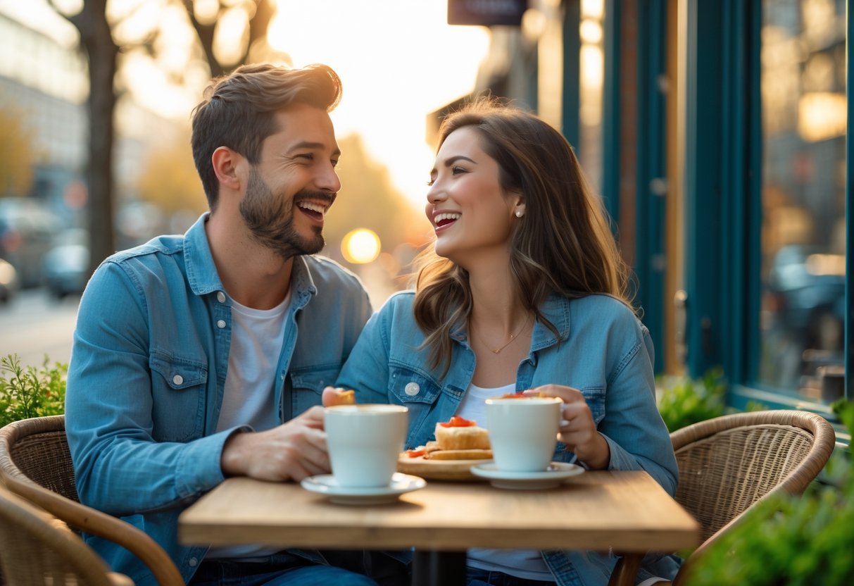 A smiling couple enjoying coffee together at an outdoor café during the late afternoon.