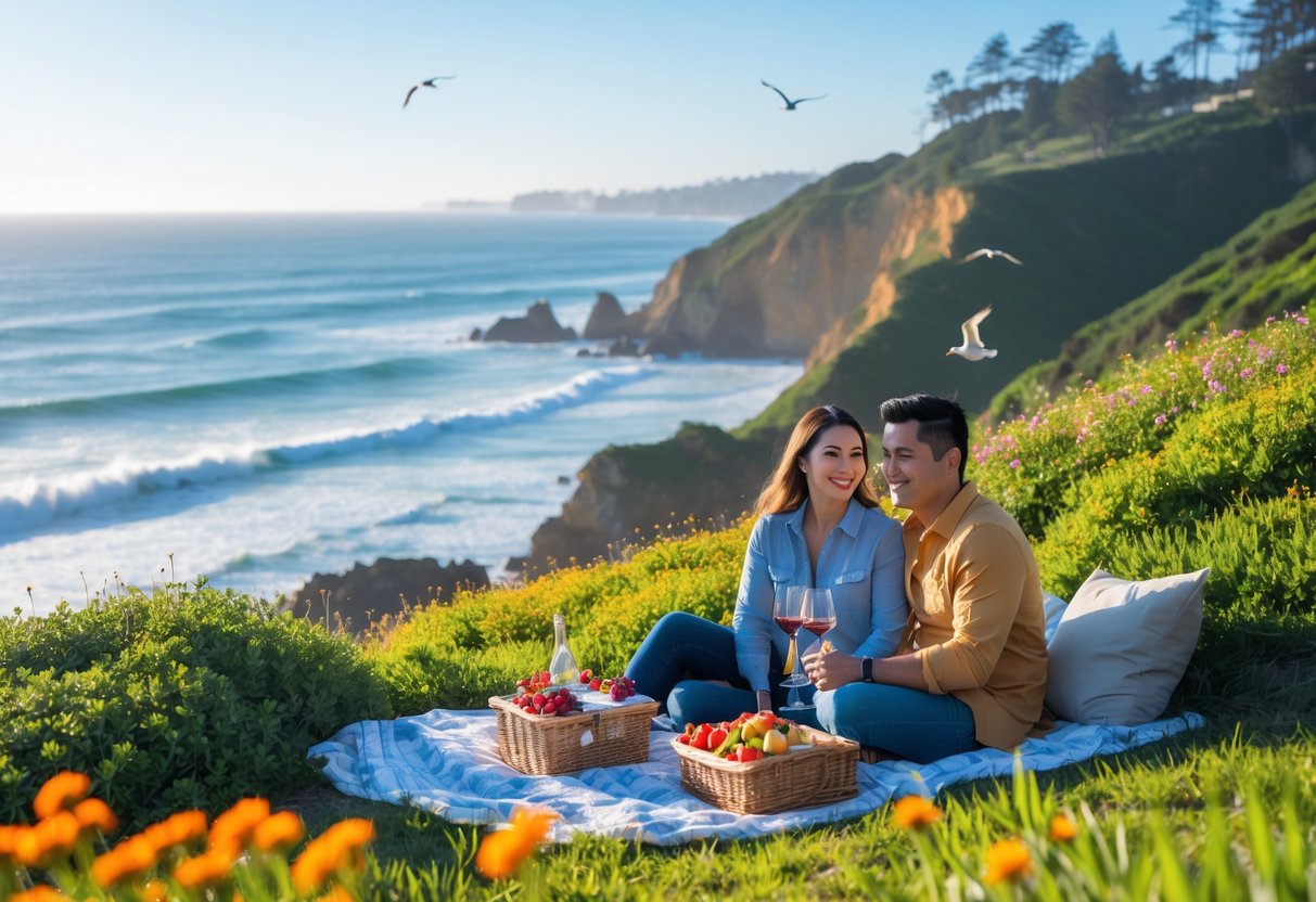 A couple having a picnic on a grassy cliff at Heisler Park overlooking the ocean with wildflowers and a clear blue sky.