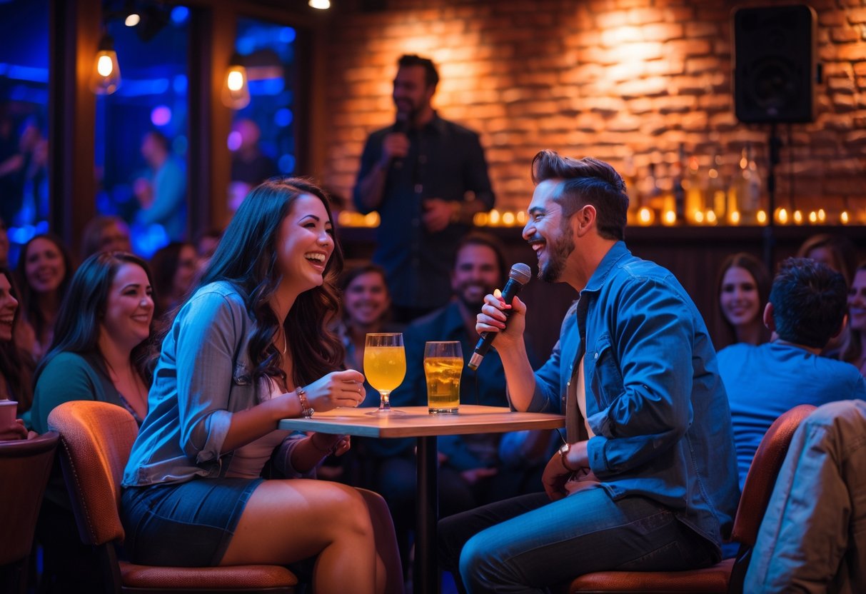 A couple laughing and watching a comedian perform on stage at a comedy club.