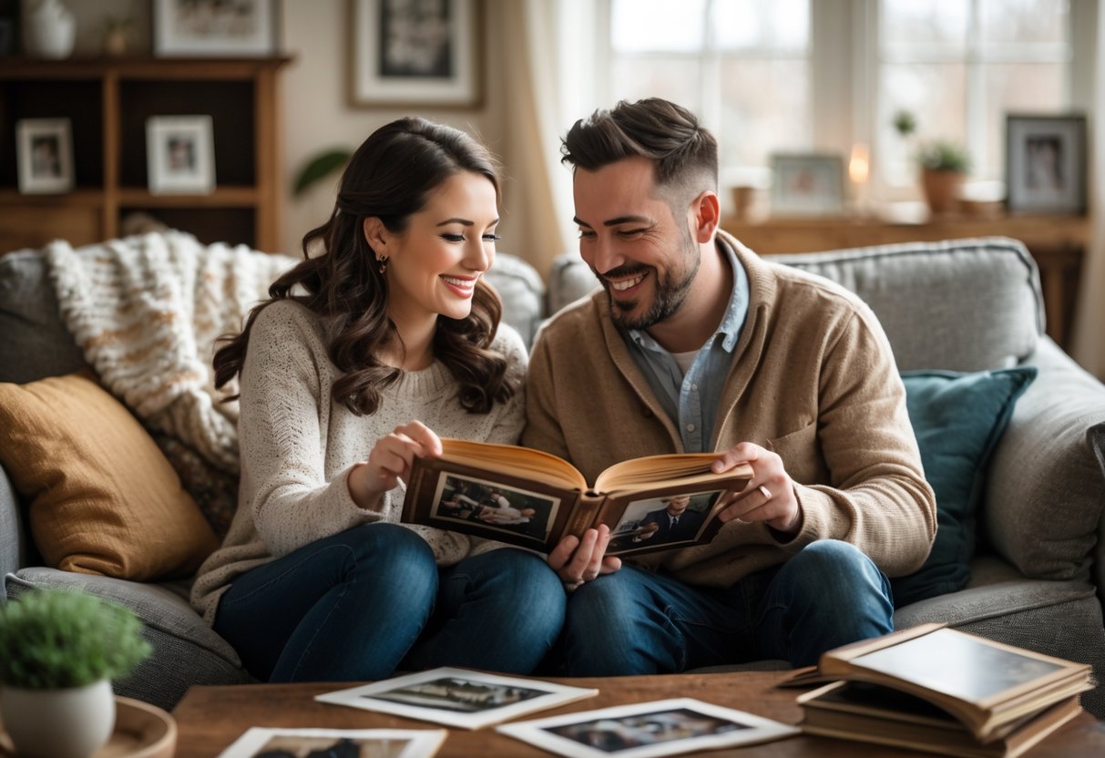 A couple sitting on a couch looking through old photo albums and sharing stories together.