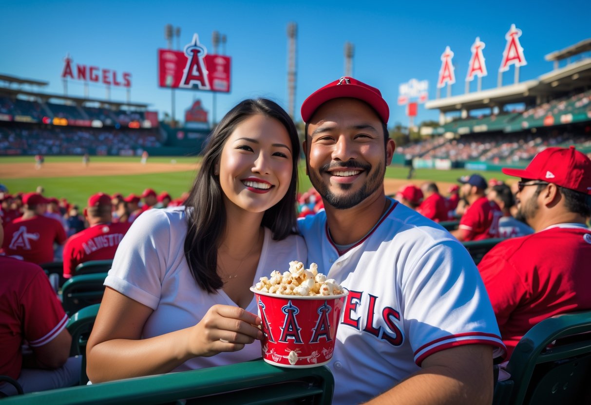 A couple sitting together in a crowded baseball stadium watching an Angels game on a sunny day.