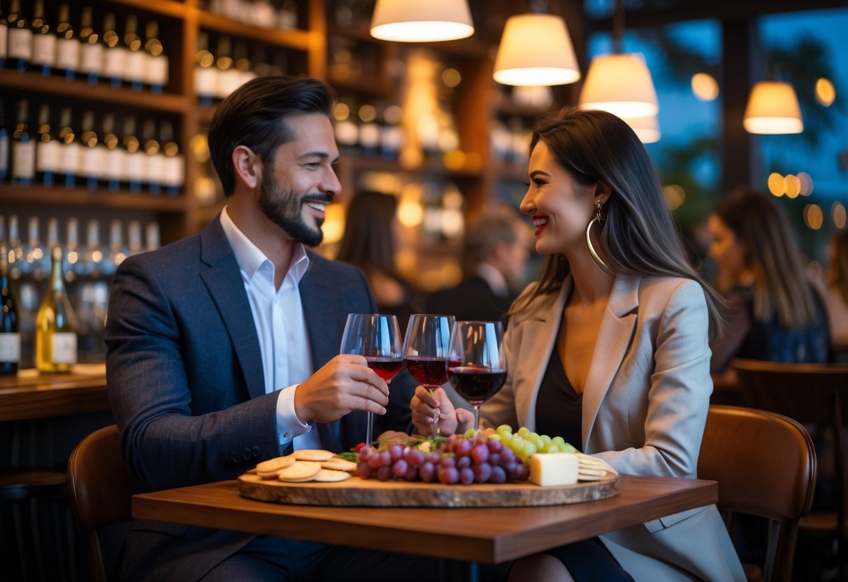 A couple enjoying wine and a charcuterie board at a cozy wine bar with shelves of wine bottles in the background.