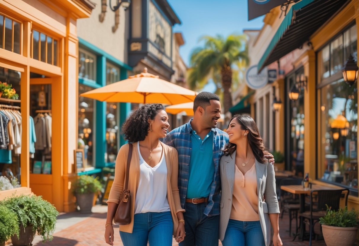 A couple walking along a sunny street lined with boutiques and cafes in Old Towne Orange, California.