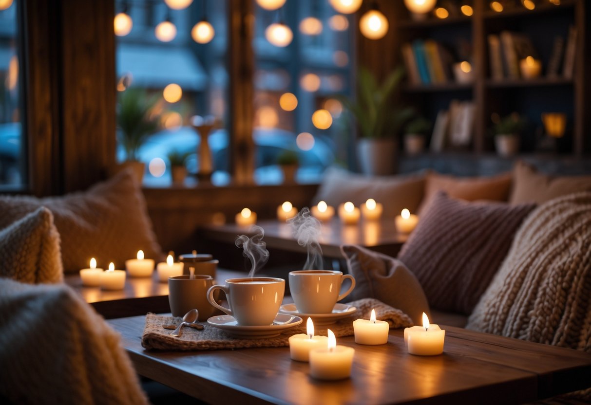 A cozy café interior with candlelight and coffee cups on a wooden table, creating a warm and intimate atmosphere.