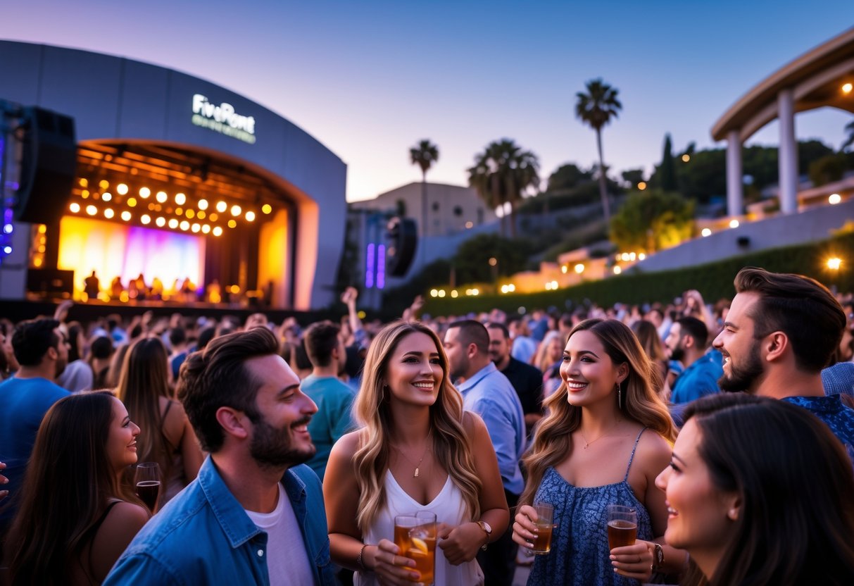 Couples and friends enjoying a live concert outdoors at an amphitheatre during sunset.