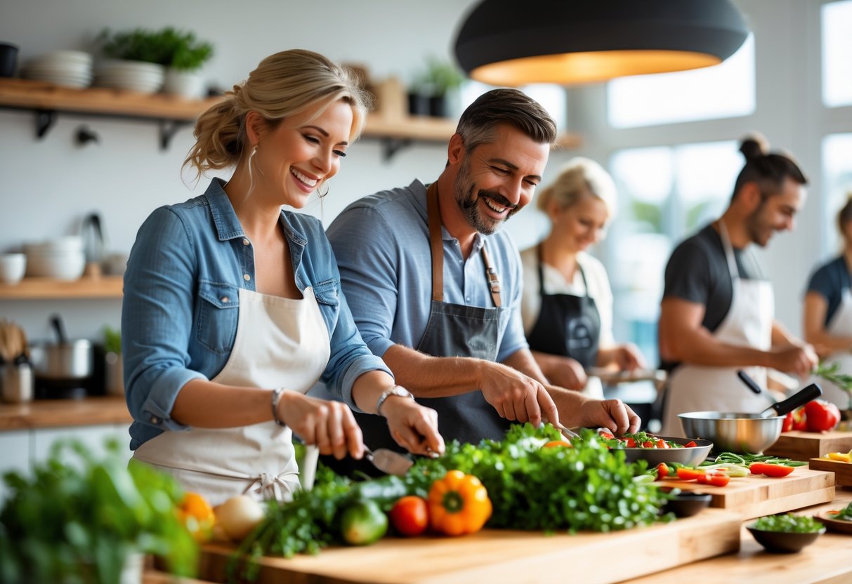 A couple cooking together in a bright kitchen during a cooking class.