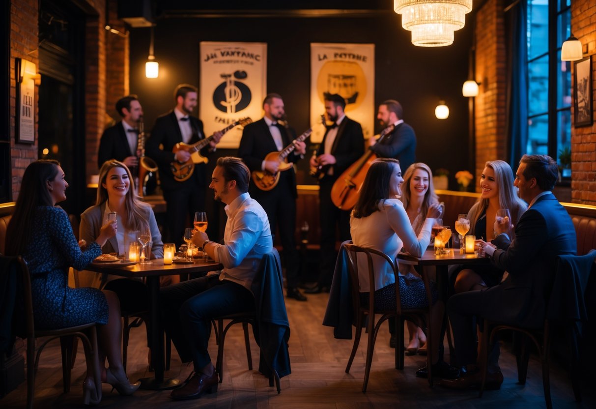 Couples enjoying a live jazz performance in a cozy, dimly lit jazz club with musicians playing on stage.