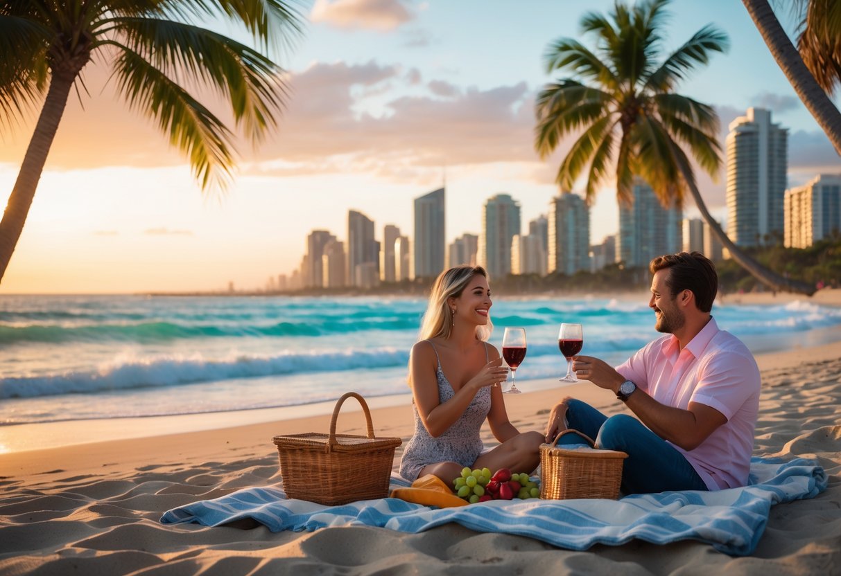 A couple having a picnic on a sandy beach at sunset with ocean waves and city skyline in the background.