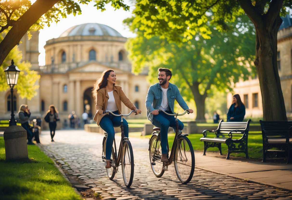 A couple riding a tandem bicycle near historic buildings and trees in Oxford on a sunny day.