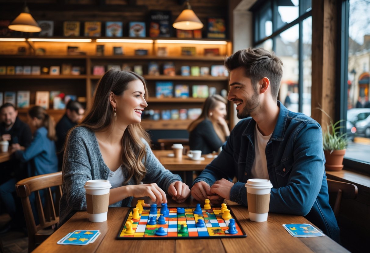 A young couple playing a board game together at a cafe table, smiling and enjoying their time.