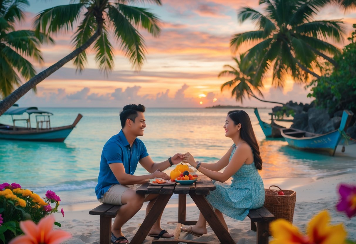 A young couple holding hands and smiling while sitting on a bench by a beach at sunset with palm trees and boats in the background.