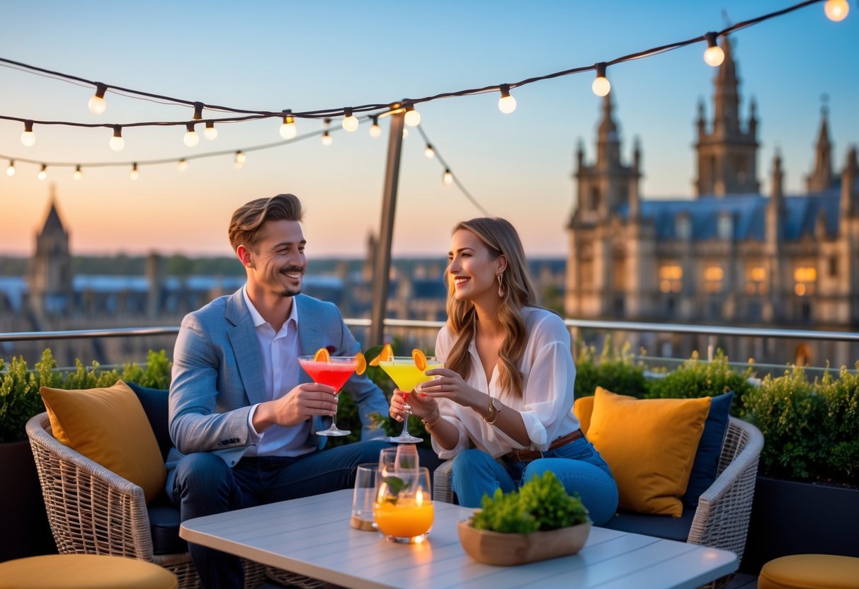 A young couple enjoying drinks together on a rooftop terrace overlooking Oxford's skyline at sunset.