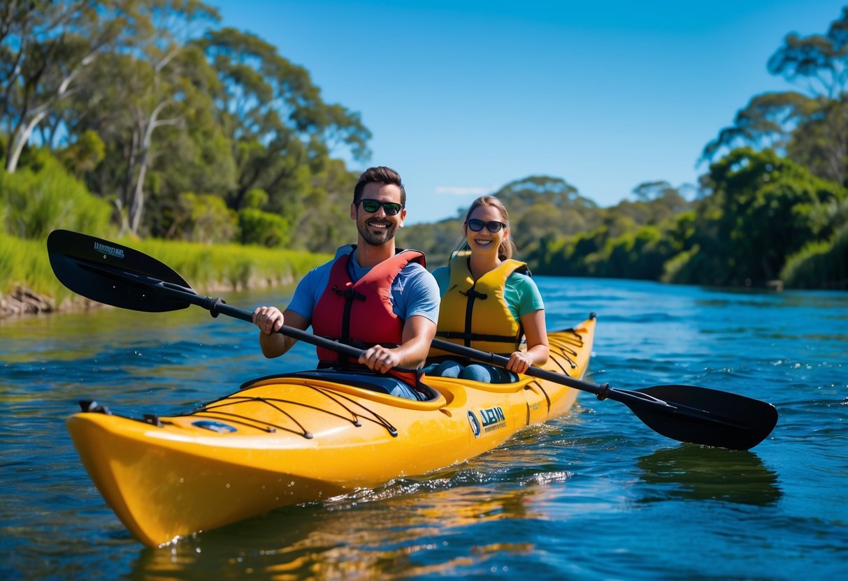 Two people kayaking together on a calm river surrounded by green trees under a clear blue sky.