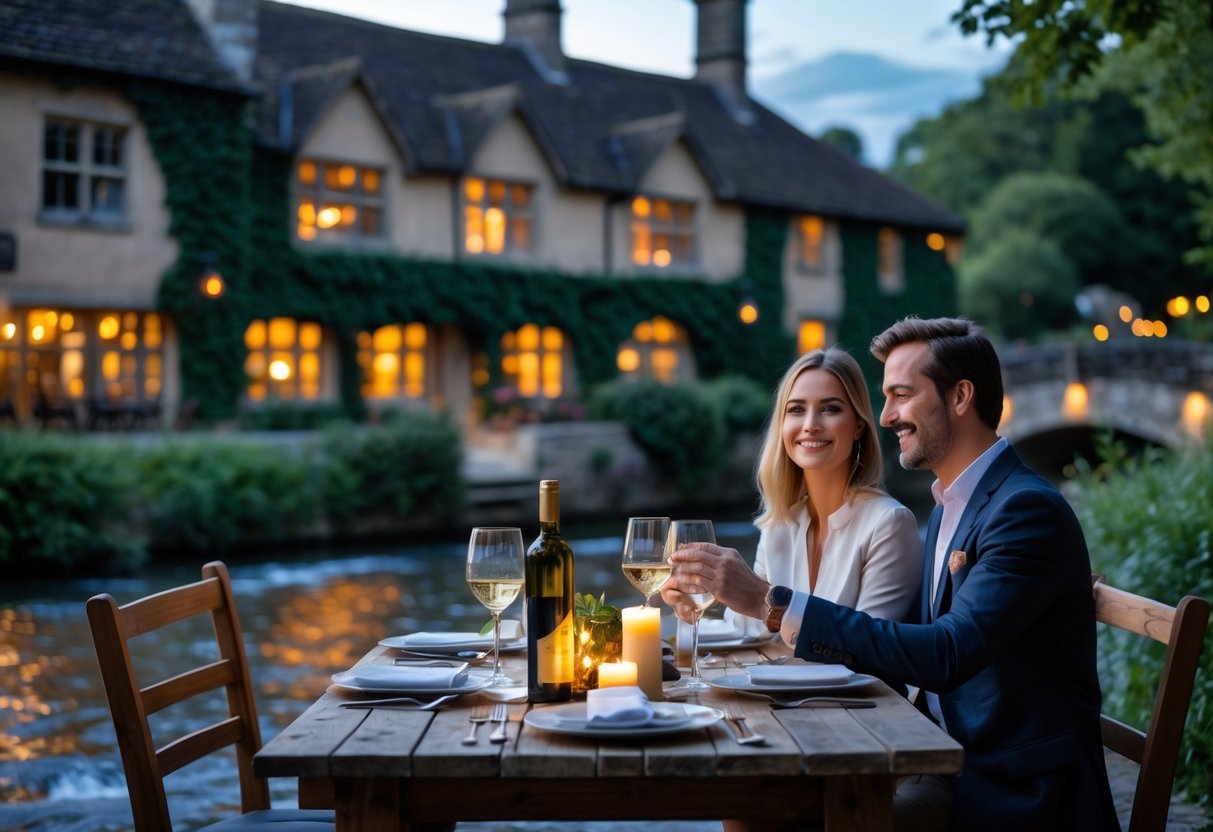 A couple enjoying a romantic dinner outdoors by a riverside at The Trout Inn with warm lighting and historic building in the background.