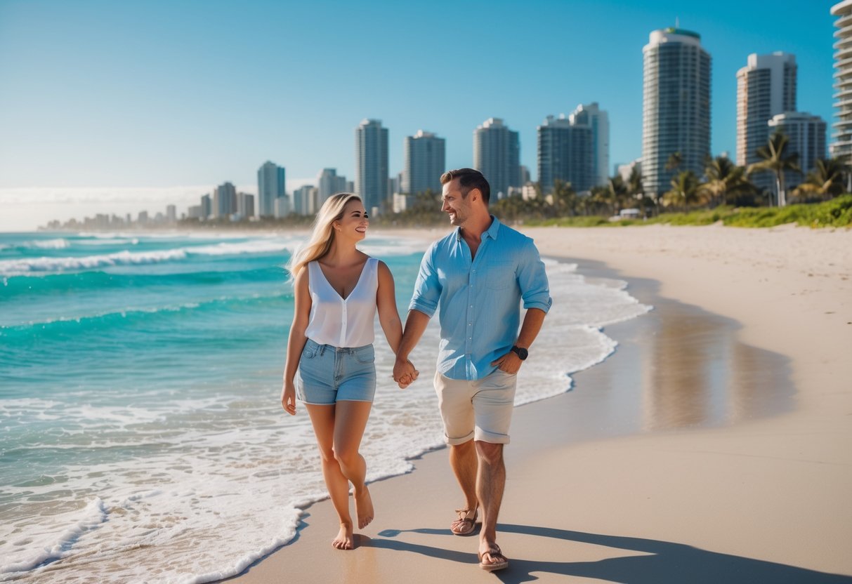 A couple walking hand in hand on a sunny Gold Coast beach with ocean waves and city skyline in the background.