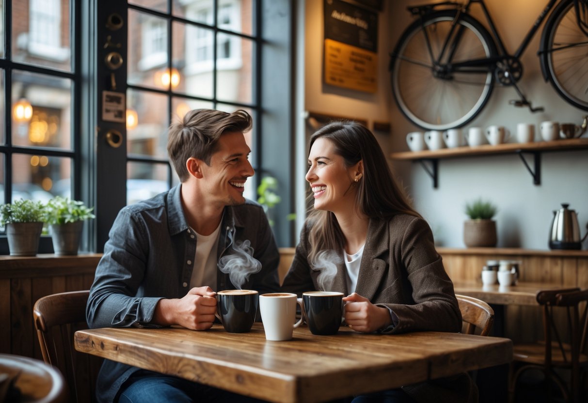 A couple enjoying coffee together at a cozy cafe table with warm lighting and rustic decor.